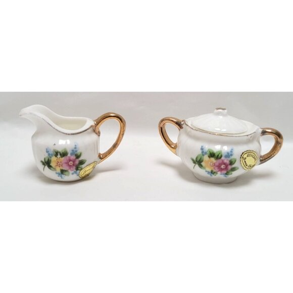 Vintage 4 Piece Miniature Bone China Creamer Sugar Tray Set Floral Gold Accents - Picture 5 of 11